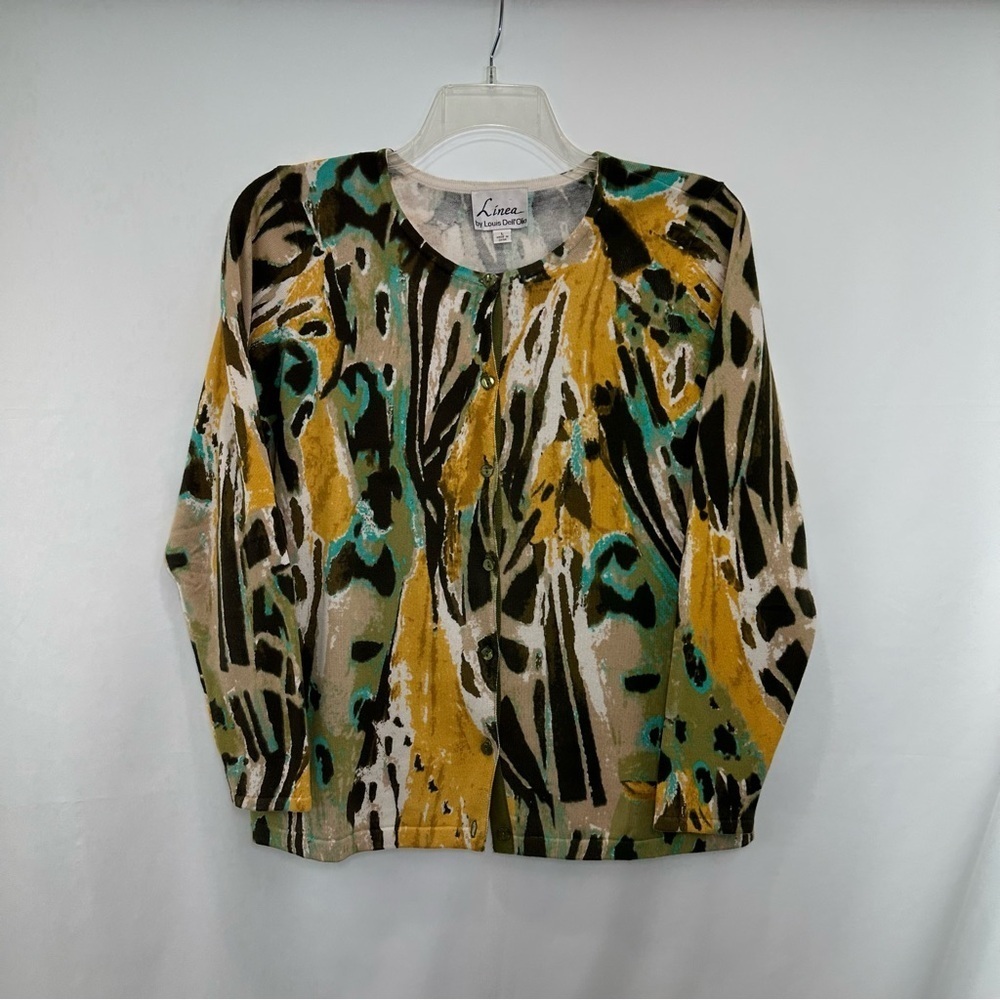 Linea Louis Dell’Olio Abstract Butterfly Cardigan Sweater Olive Print Large